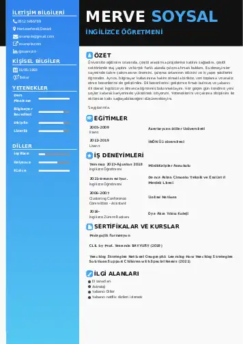 Yabancı Dil Öğretmeni Cv Örnekleri cv indir